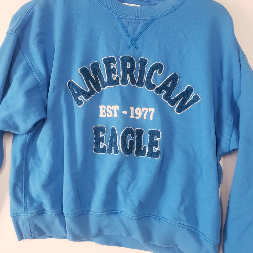 American Eagle Sweatshirt Womens Small Blue Chenille Logo Pullover‎ Crewneck - Picture 2 of 7